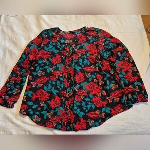 Torrid women's size 2X black with red flower long sleeve blouse EUC